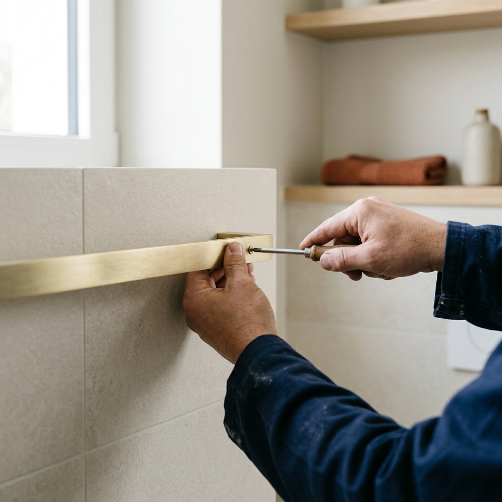 Pose d’un porte-serviettes sur un mur carrelé, tournevis en main.
