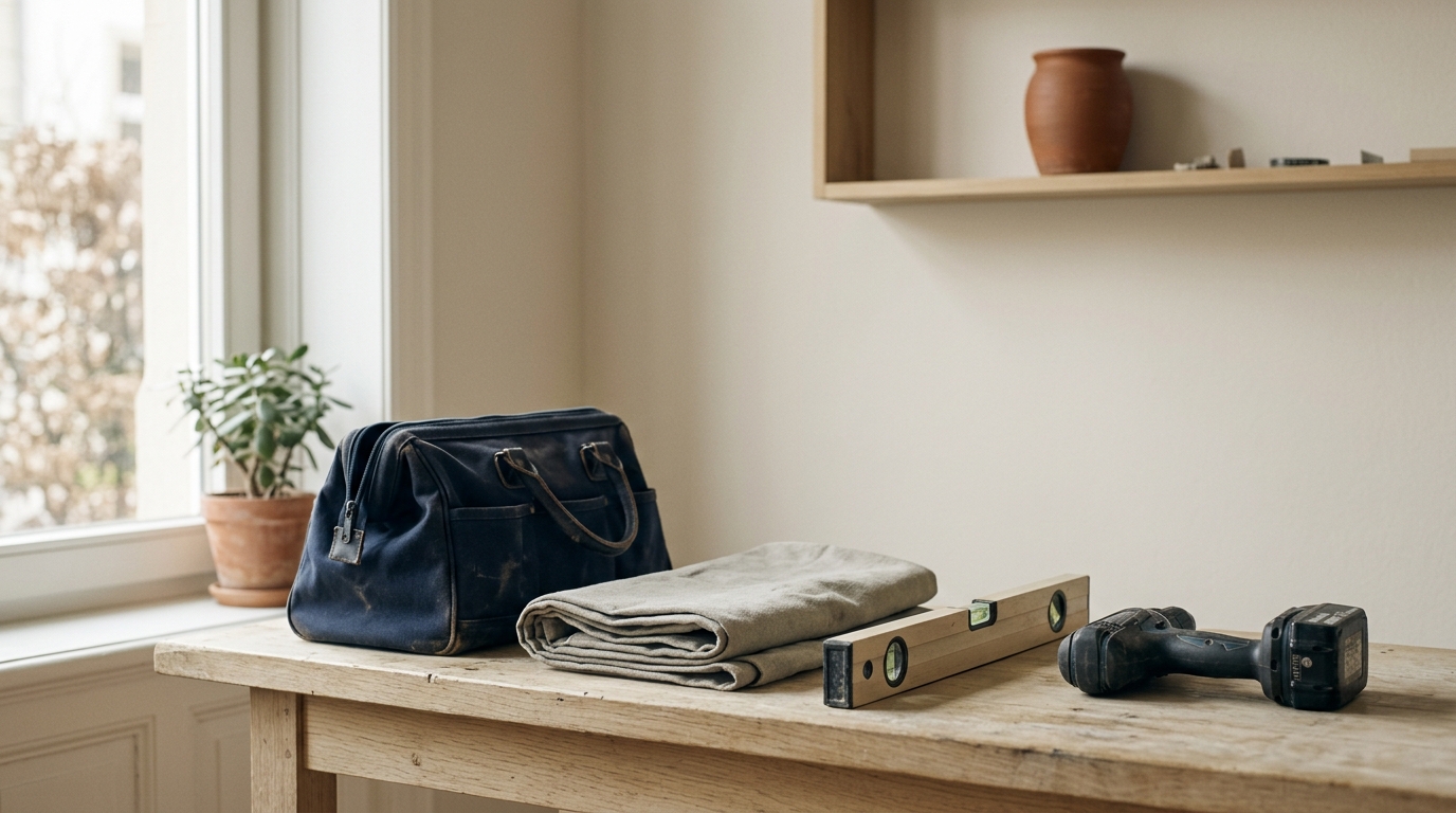 Outils rangés en ligne sur un établi en chêne clair : niveau, perceuse, sac à outils.
