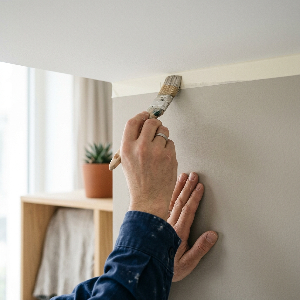 Coupe au pinceau le long d’une bande de masquage entre mur et plafond.