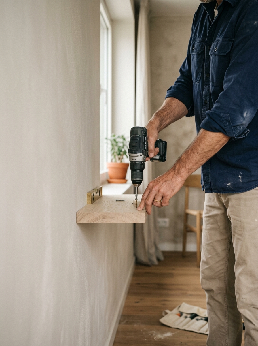 Pose d’une étagère en chêne fixée au mur à la perceuse, dans un intérieur clair.