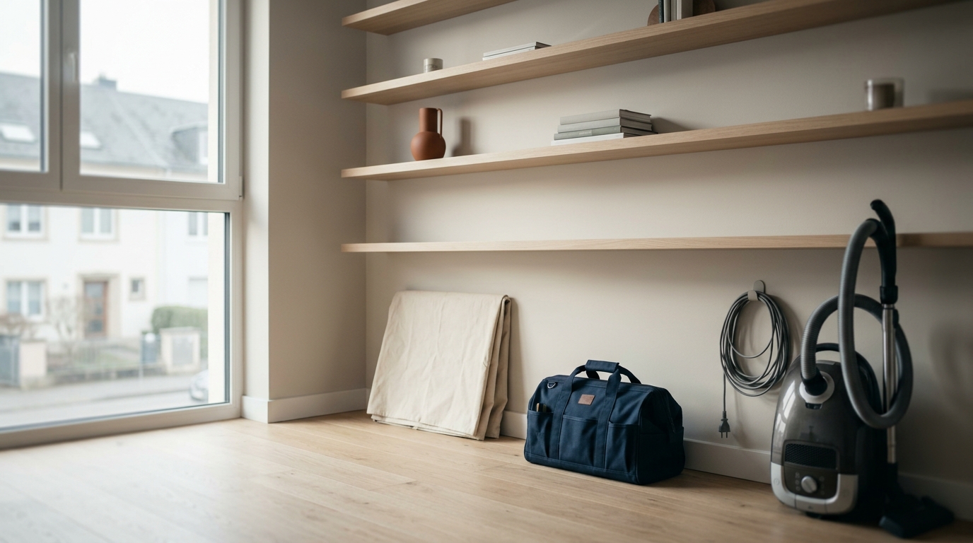 Pièce rangée après intervention : étagères posées, bâche pliée, outils remballés.