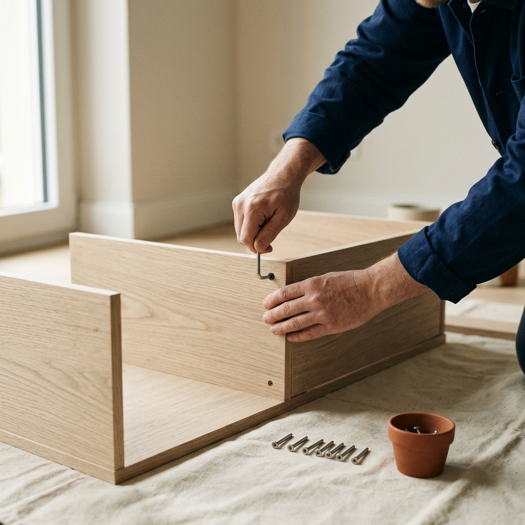 Montage d’un meuble en chêne clair sur une bâche de protection.