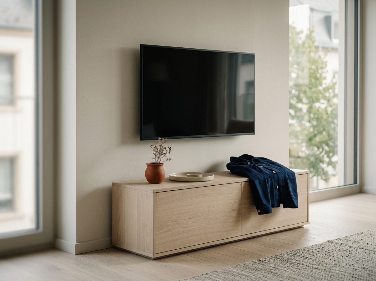 TV 65" sur cloison creuse — Luxembourg-Ville — séjour.