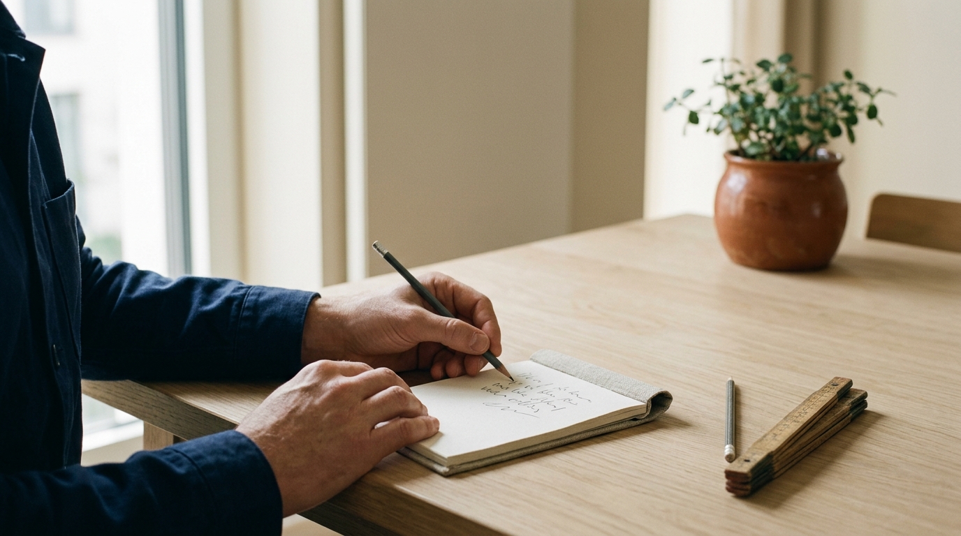 Mains rédigeant un devis sur un carnet posé sur une table en chêne clair.