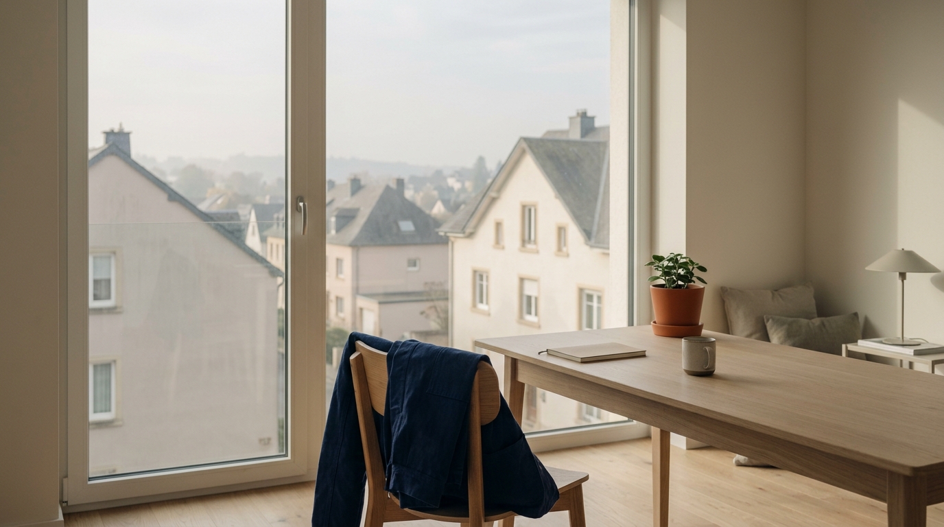 Vue sur des toits et des façades claires d’un quartier résidentiel luxembourgeois au petit matin.